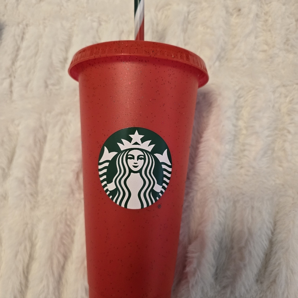Starbucks 2023 Holiday Red Glitter Cold Cup With Straw And Lid Reusable 24oz New - Picture 2 of 4